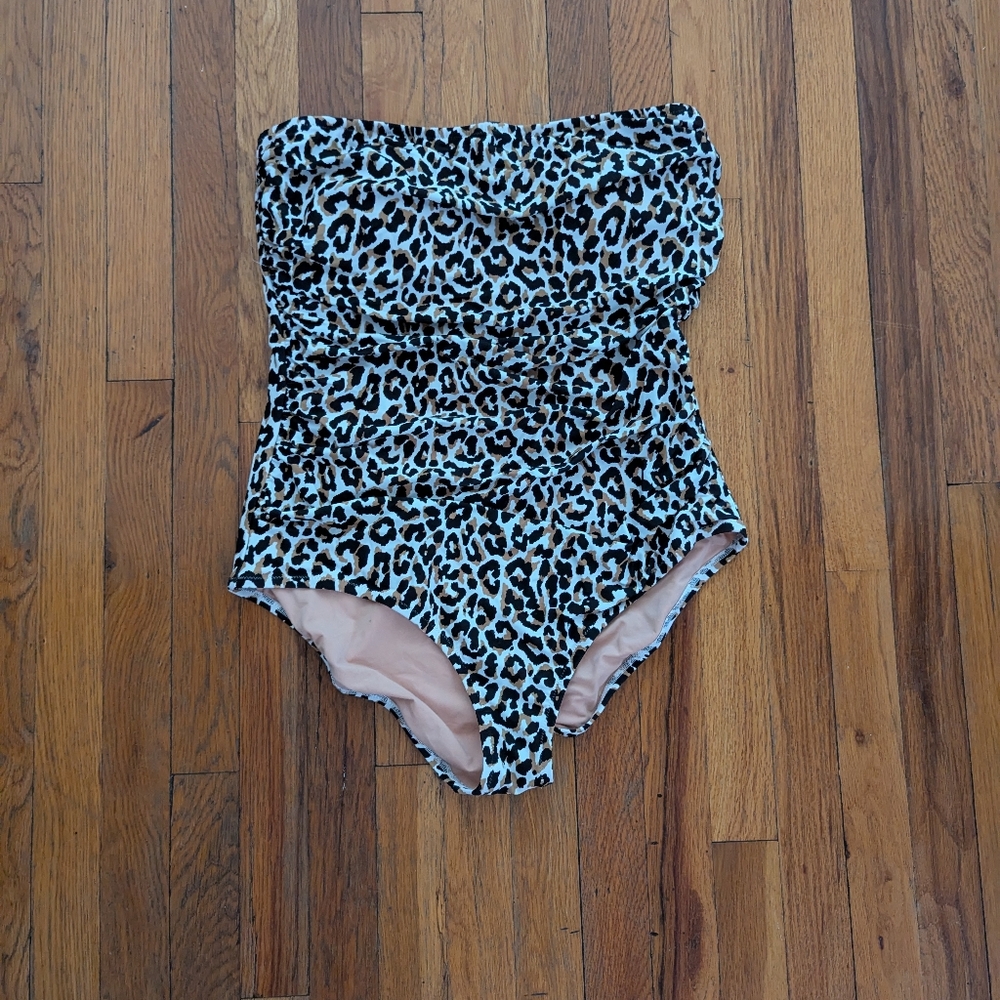 J. Crew Factory Leopard Ruched Strapless One Piece Swimsuit